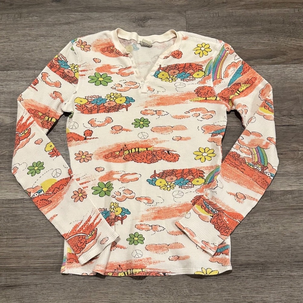 Vintage Y2K Lucky Brand Thermal Henley Shirt Sz M Rainbow Floral Peace Sign Boho